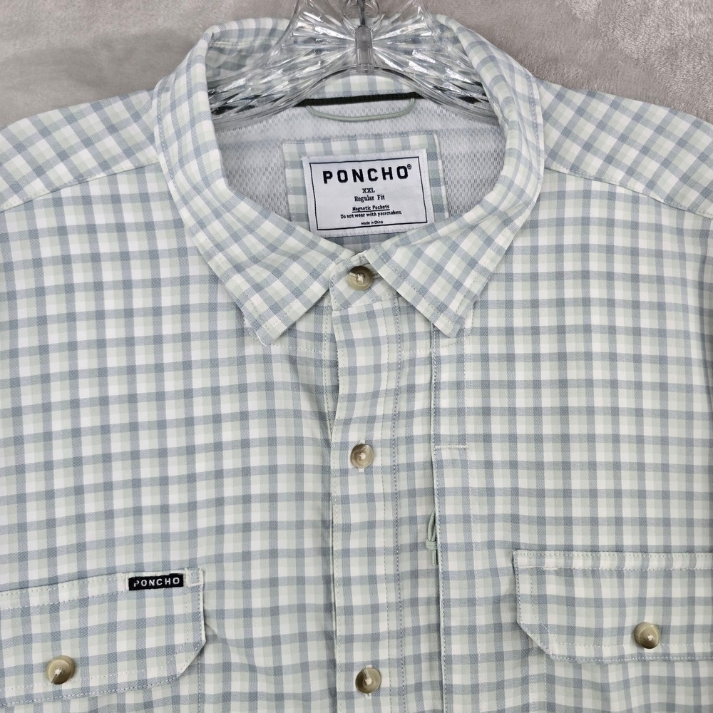 Poncho Fishing Shirt Mens XXL Green White Gingham Plaid Magnetic Pockets Vented - Picture 2 of 8